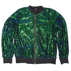 Kancy Kole Womens S Green Blue Sequin Bomber Jacket Zip Front Party Clubwear